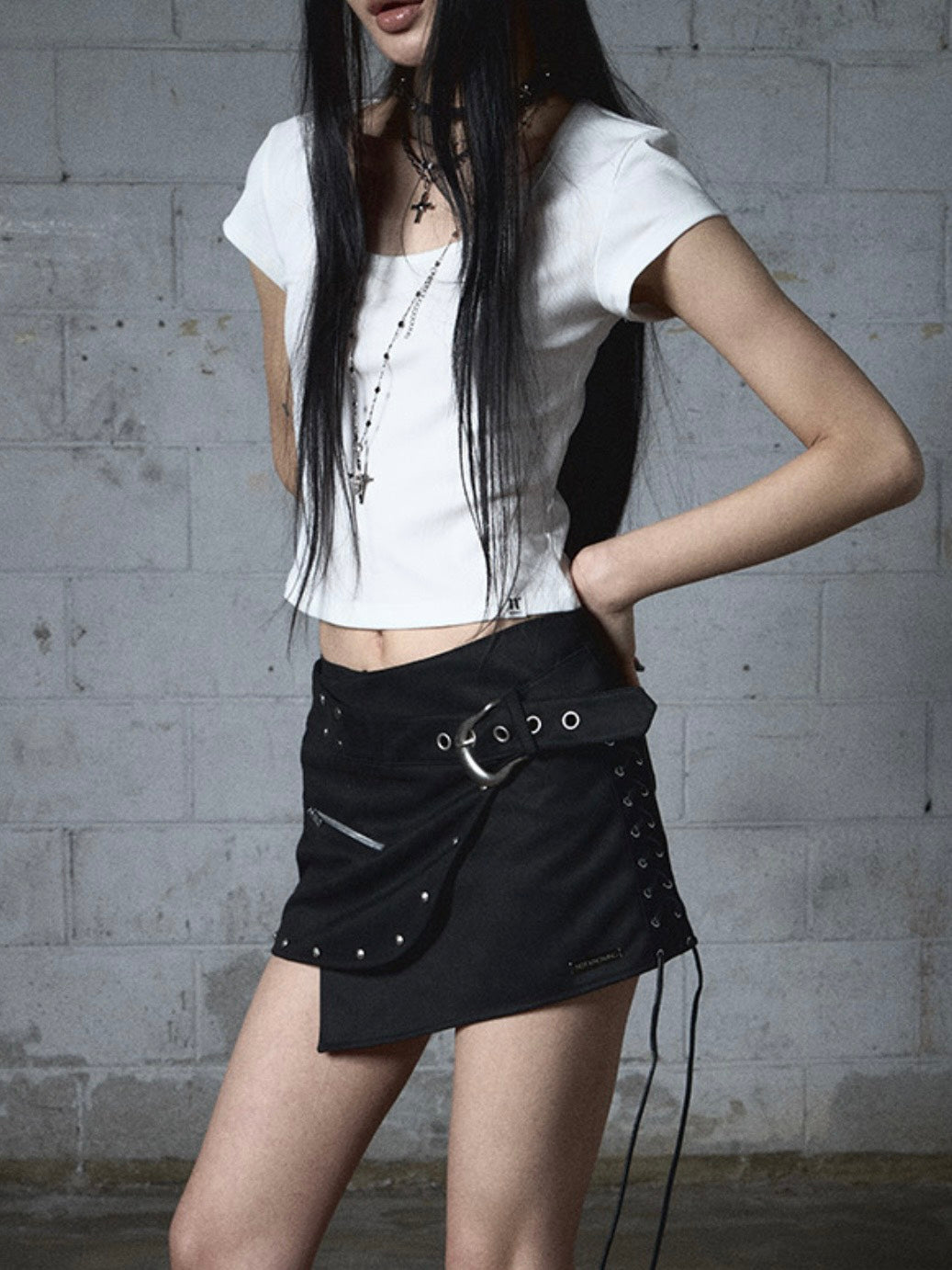 【NOT KNOWING】Stud Lace-Up Wrap Skirt