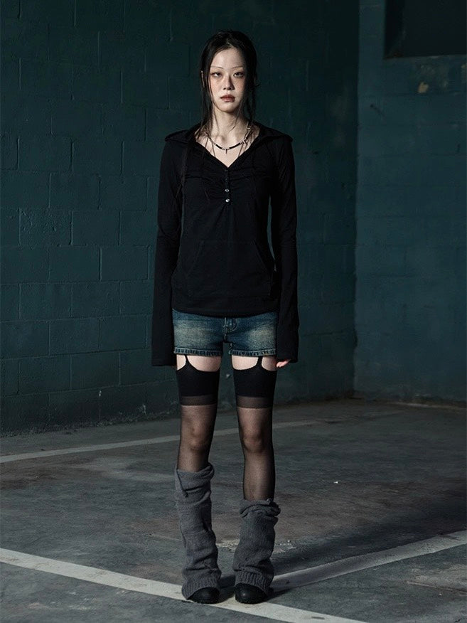 【NOT KNOWING】Button Up Shirring Hoodie