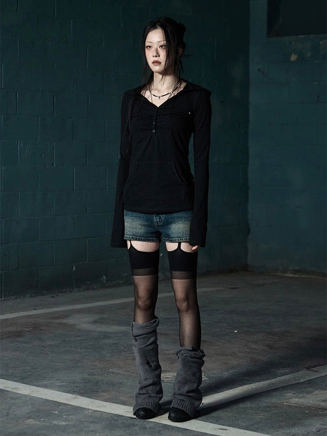 【NOT KNOWING】Button Up Shirring Hoodie