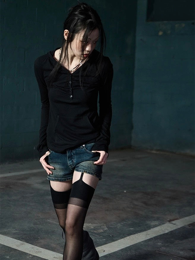 【NOT KNOWING】Button Up Shirring Hoodie