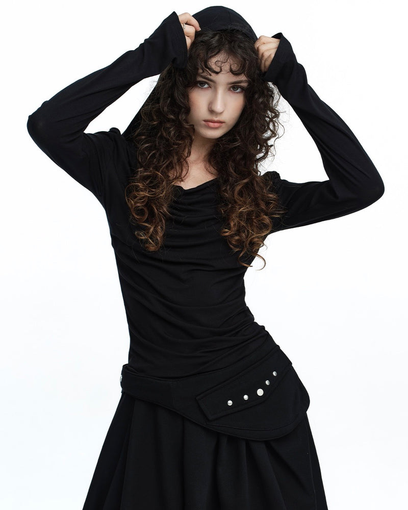 【ROUGH NECK】
Draped Hooded Long Sleeve Top