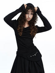 【ROUGH NECK】
Draped Hooded Long Sleeve Top