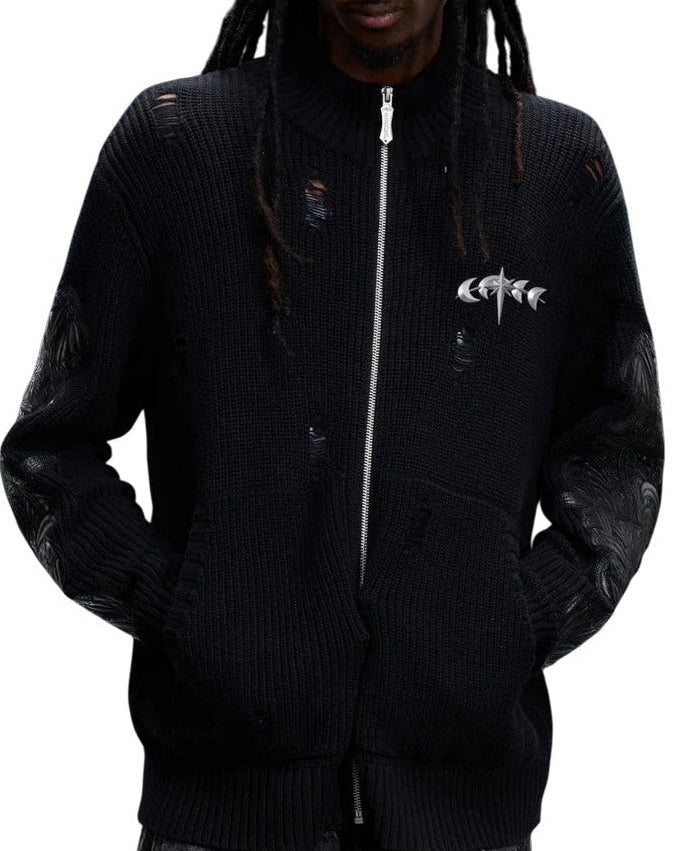【The Boy Has No Patience】LEATHER PATCH DESTROYED ZIP SWEATER