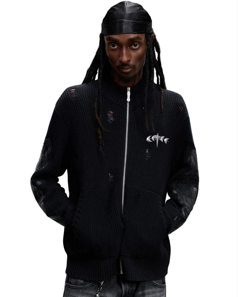 【The Boy Has No Patience】LEATHER PATCH DESTROYED ZIP SWEATER